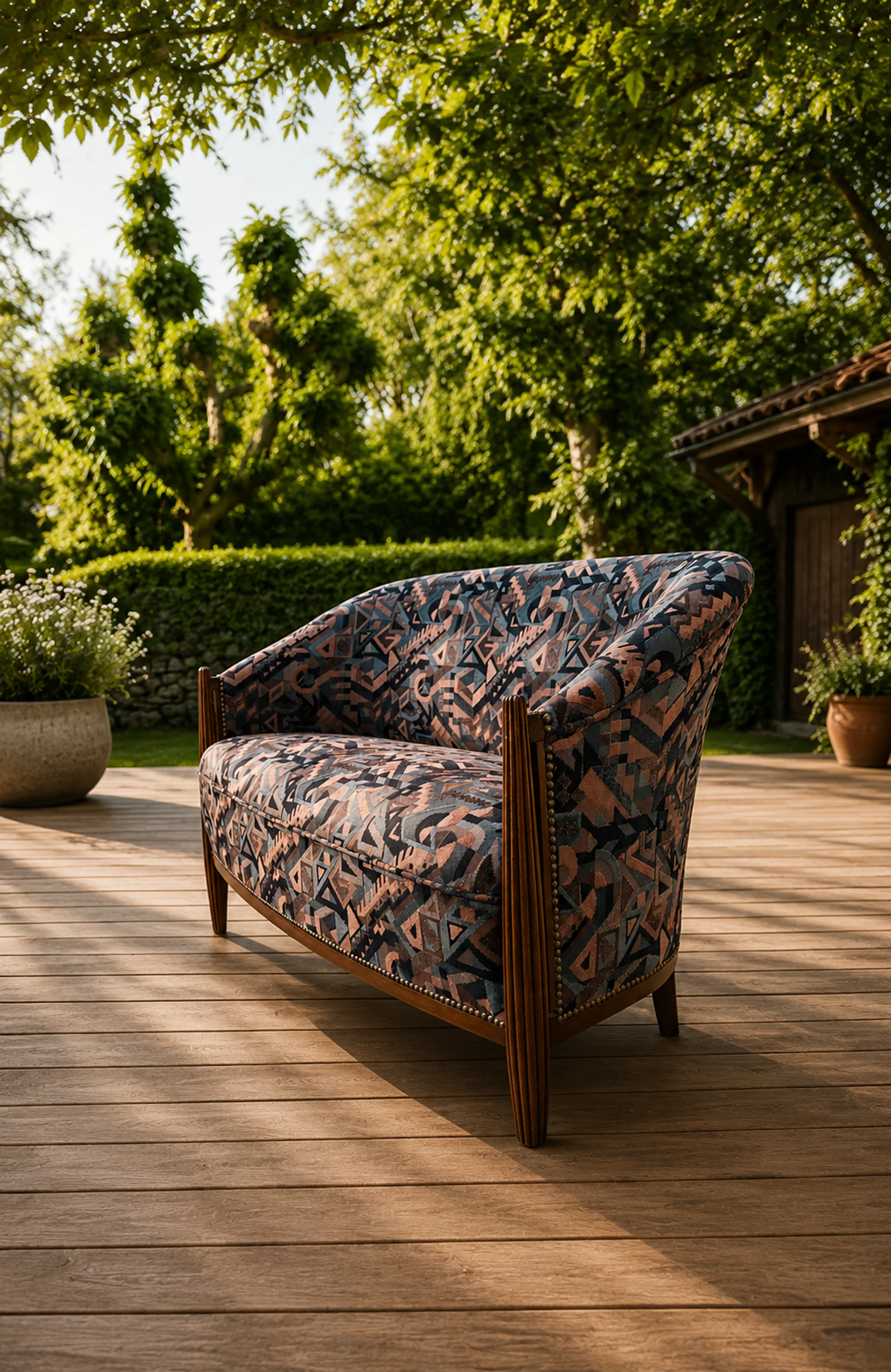 Canapé Art déco retapissé d'un tissu géométrique sur une terrasse en bois